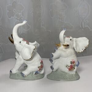 Vintage Ceramic Baby Elephants Playing White Floral Gold Husks #2
